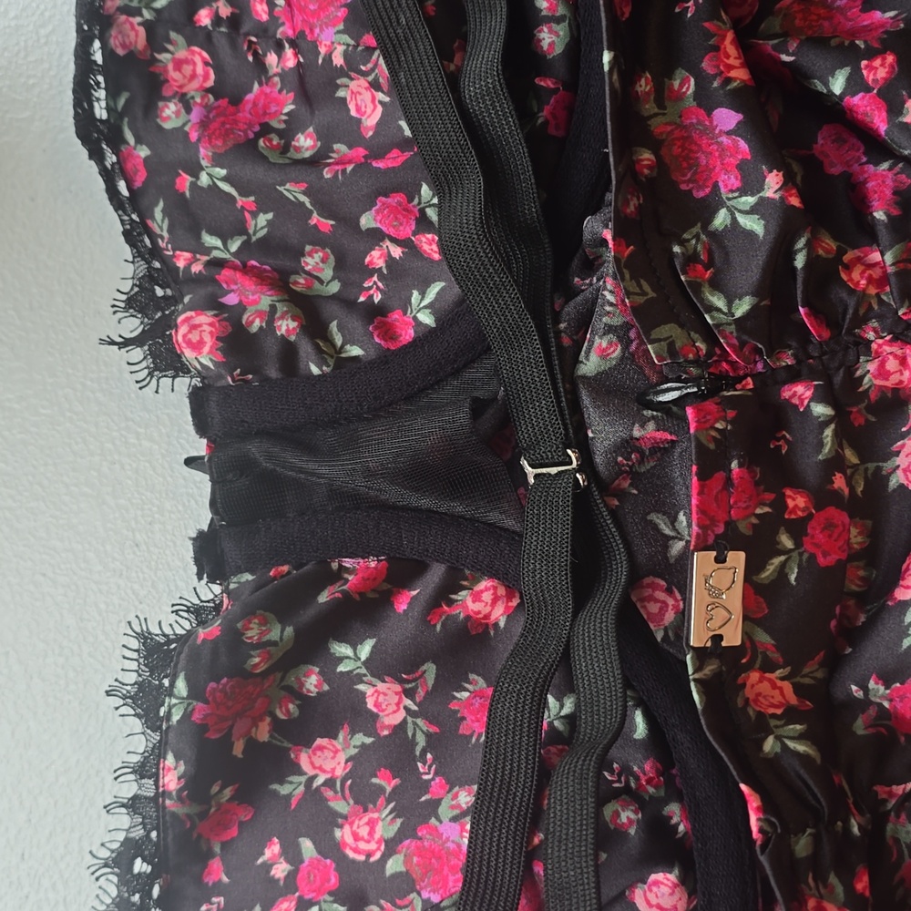 For Love & Lemons Black Off-Shoulder Ruched Mini Dress with Floral Print - Picture 15 of 15